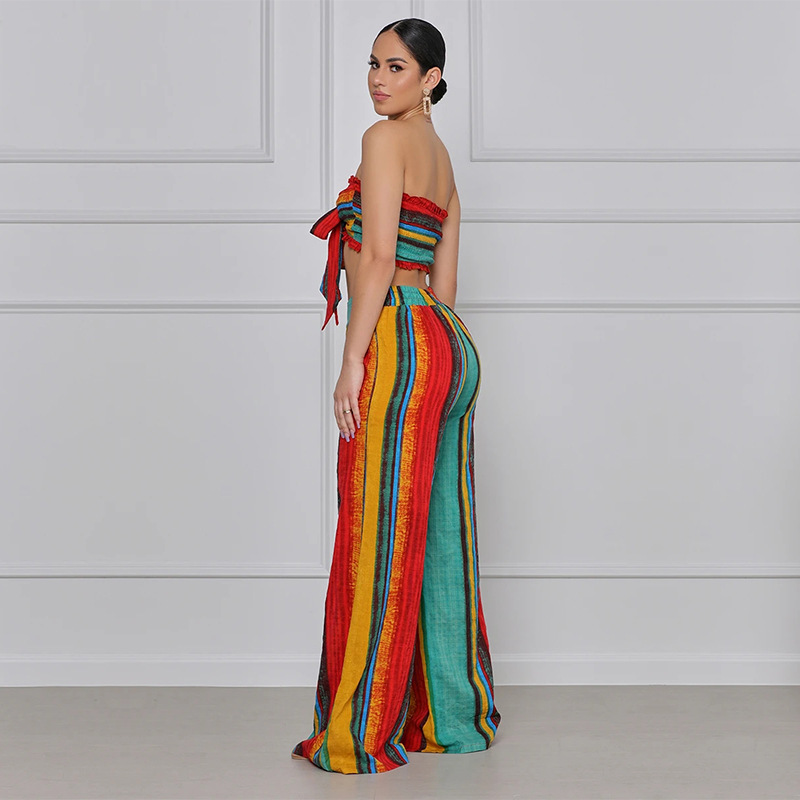 Women Summer Colorful Striped Two-Piece Top and Pant Set