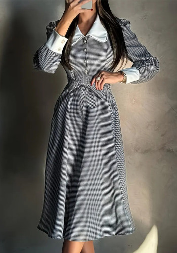 Women French Elegant Houndstooth Autumn Lace-Up Dress