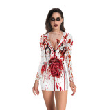 Halloween Nurse Zombie Round Neck Long-Sleeved Dress