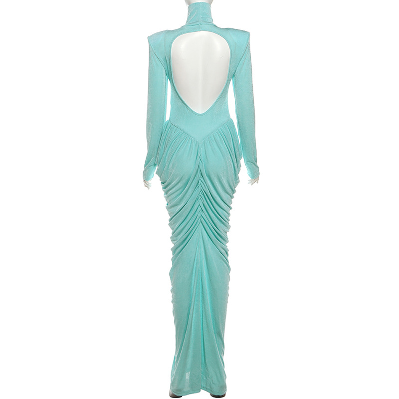 Women's High Neck Solid Color Long Sleeve Backless Ruched Long Dress