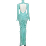 Women's High Neck Solid Color Long Sleeve Backless Ruched Long Dress