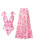 Women V-Neck Printed Beach Dress Two-Piece Set
