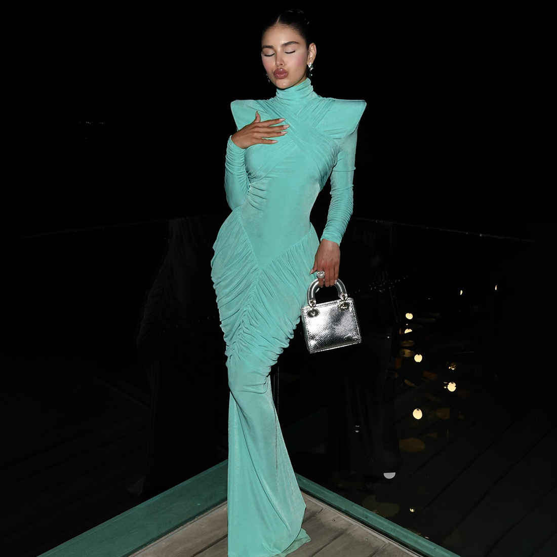 Women's High Neck Solid Color Long Sleeve Backless Ruched Long Dress