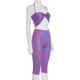 Women Contrast Striped Halter Neck Top and Capri Pants Two-Piece