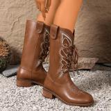 Women Embroidered Mid-Calf Western Denim Boots with British Style