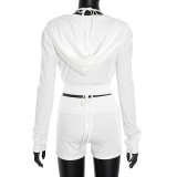 Women Fall Sexy Triangle Cup Hooded Long-Sleeved Jacket and Shorts Three-Piece