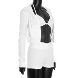 Women Fall Sexy Triangle Cup Hooded Long-Sleeved Jacket and Shorts Three-Piece
