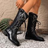 Women Embroidered Mid-Calf Western Denim Boots with British Style