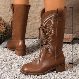 Women Embroidered Mid-Calf Western Denim Boots with British Style