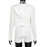Women Fall Sexy Triangle Cup Hooded Long-Sleeved Jacket and Shorts Three-Piece