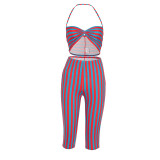 Women Contrast Striped Halter Neck Top and Capri Pants Two-Piece