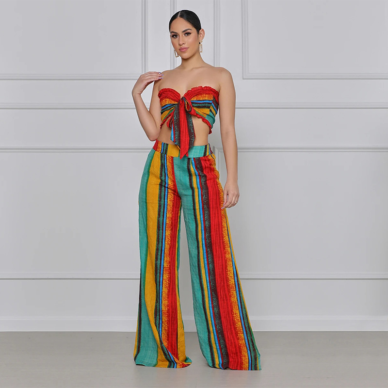 Women Summer Colorful Striped Two-Piece Top and Pant Set