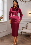 Women's Floral Satin Chic Elegant Slim Waist Bodycon Party Formal Party Long Sleeve Dress