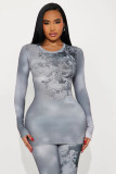 Women's Sexy Tie-Dye Gray Long Sleeve Top Flared Pants Two-Piece Set