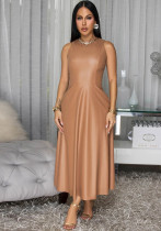 Women's Tight Fitting Ruffle Sexy Fashion Round Neck Bodycon Leather Dress