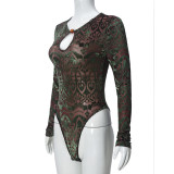 Women's Sexy Autumn Slim-Fitting Flocked Round Neck Long Sleeve Stretch Bodysuit