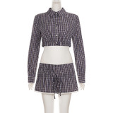 Women's Plaid Lace Trim Elastic Tie-Waist Trendy Woven Short Shirt Set