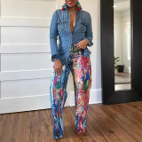 Women's Fashion Casual Straight-Leg Painted Stretch Denim Pants