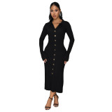 Women's Fashion V-Neck Single Row Buttons Long Sleeve Solid Long Dress