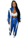Women's Fashion Color-Blocking Zipper Cardigan Wide-Leg Drawstring Sport Pants Two-Piece Set