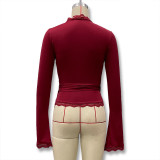 Women's Autumn Solid Color Sexy V-Neck Lace Trim Tie-Waist Long Sleeve Slim-Fitting T-Shirt
