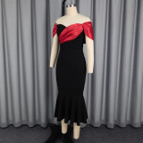 Women's Off-Shoulder Sexy Color-Blocking Party Dress with Flounce Hem Slim Fit Mermaid Evening Gown