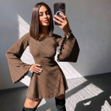 Women's Autumn Fashion Sexy Short Bell Sleeve Round Neck Hollow-Out Lace-Up Dress