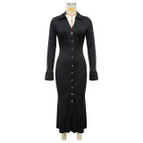 Women's Fashion V-Neck Single Row Buttons Long Sleeve Solid Long Dress