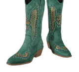 Women's Fashion Autumn Winter Mid Heel Round Toe Plus Size Embroidered Leather Boots