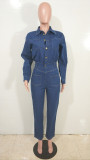 Women's Slim-Fitting Stretch  Washed Denim Pocket Jumpsuit