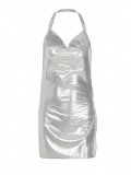 Women's Sexy Shiny Draped Halter Neck Low Back Strappy High Slit Short Dress