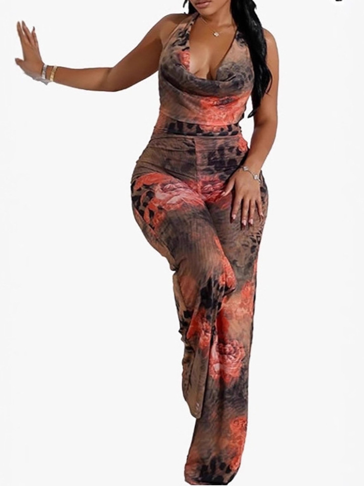Women's Sexy Leopard Floral Print Halter Neck Jumpsuit