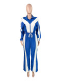 Women's Fashion Color-Blocking Zipper Cardigan Wide-Leg Drawstring Sport Pants Two-Piece Set