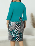 Autumn Plus Size Round Neck Print Patchwork Chic Career Bodycon Dress