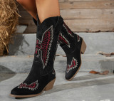Women's Fashion Autumn Winter Mid Heel Round Toe Plus Size Embroidered Leather Boots