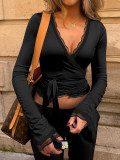 Women's Autumn Solid Color Sexy V-Neck Lace Trim Tie-Waist Long Sleeve Slim-Fitting T-Shirt