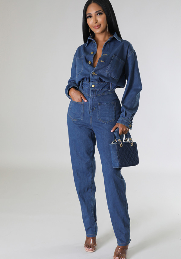 Women's Slim-Fitting Stretch Washed Denim Pocket Jumpsuit