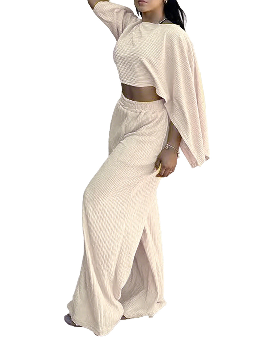 Women's Fashion Sexy Beach Holidays Solid Slash Shoulder Irregular Top with Elastic Waist Pockets Long Pants Set