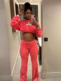 Women's Pink Plush Fashion and Comfort Two-Piece Pants Set