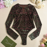 Women's Sexy Autumn Slim-Fitting Flocked Round Neck Long Sleeve Stretch Bodysuit