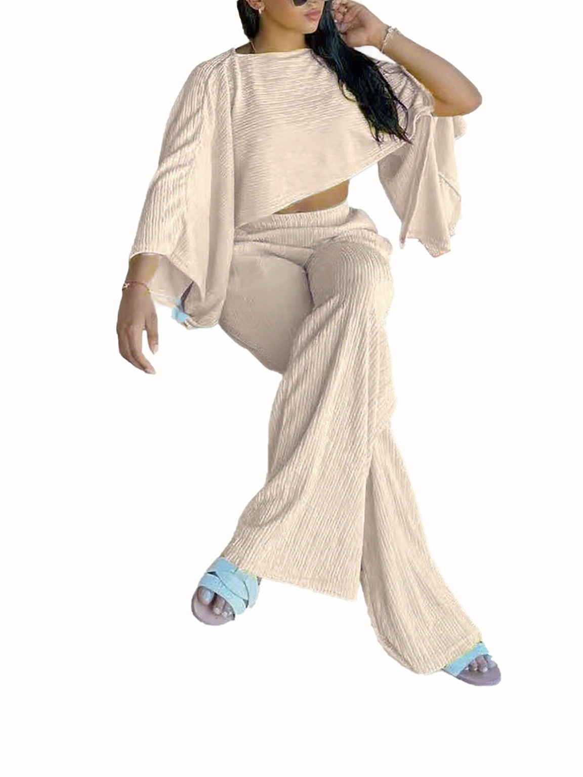 Women's Fashion Sexy Beach Holidays Solid Slash Shoulder Irregular Top with Elastic Waist Pockets Long Pants Set