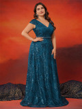Women's Large V-Neck Sequin Floor-Length Elegant Bell Sleeve Formal Party Evening Gown