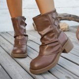 Stylish Brown Mid-Calf Boots with Chunky Sole Fashion Shorts for Women