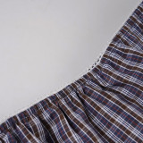 Women's Plaid Lace Trim Elastic Tie-Waist Trendy Woven Short Shirt Set