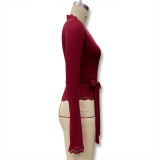 Women's Autumn Solid Color Sexy V-Neck Lace Trim Tie-Waist Long Sleeve Slim-Fitting T-Shirt