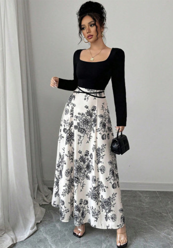 Women's Elegant Floral Print Square Neck Patchwork Tie-Waist Dress