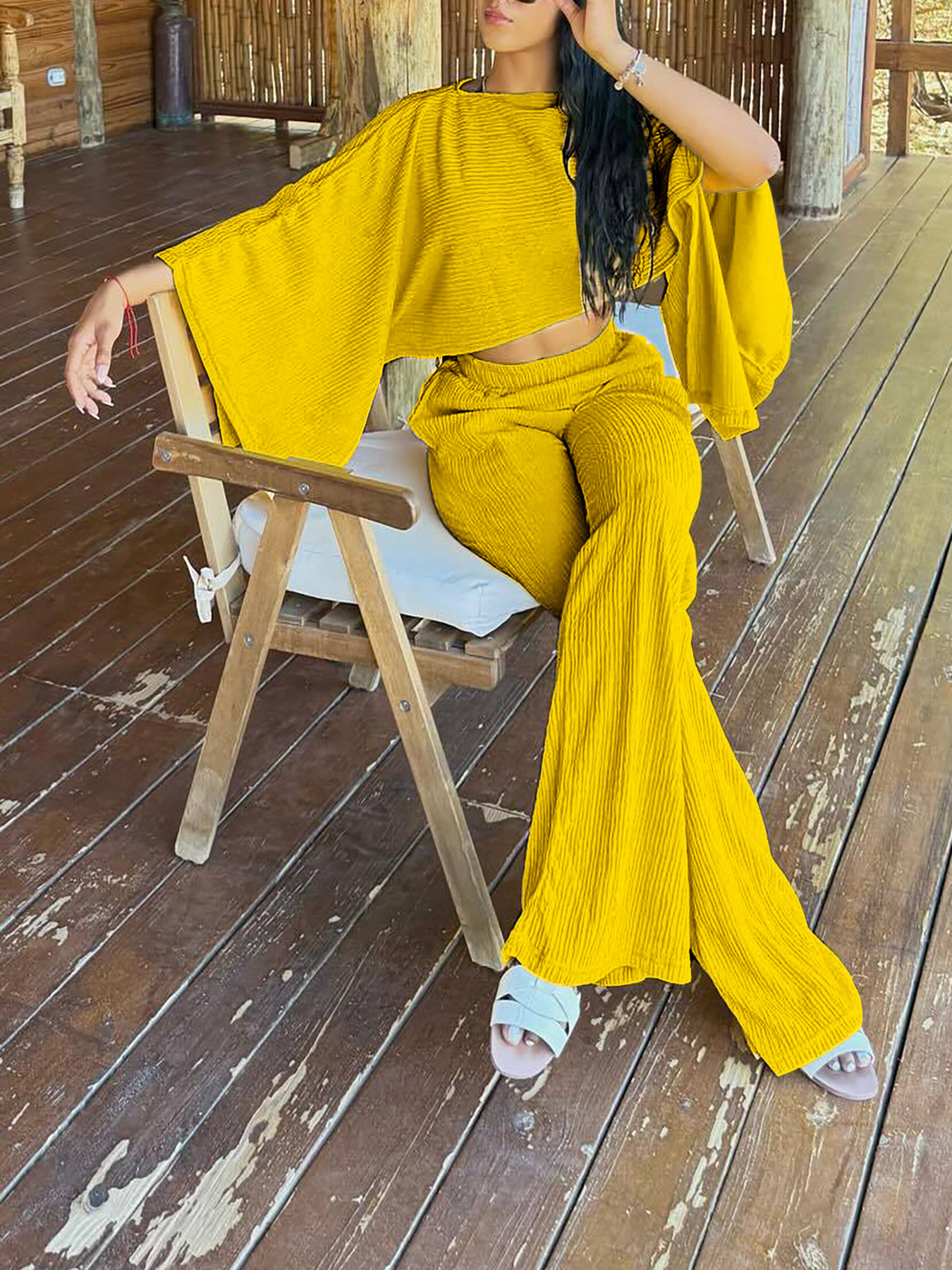 Women's Fashion Sexy Beach Holidays Solid Slash Shoulder Irregular Top with Elastic Waist Pockets Long Pants Set