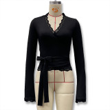 Women's Autumn Solid Color Sexy V-Neck Lace Trim Tie-Waist Long Sleeve Slim-Fitting T-Shirt