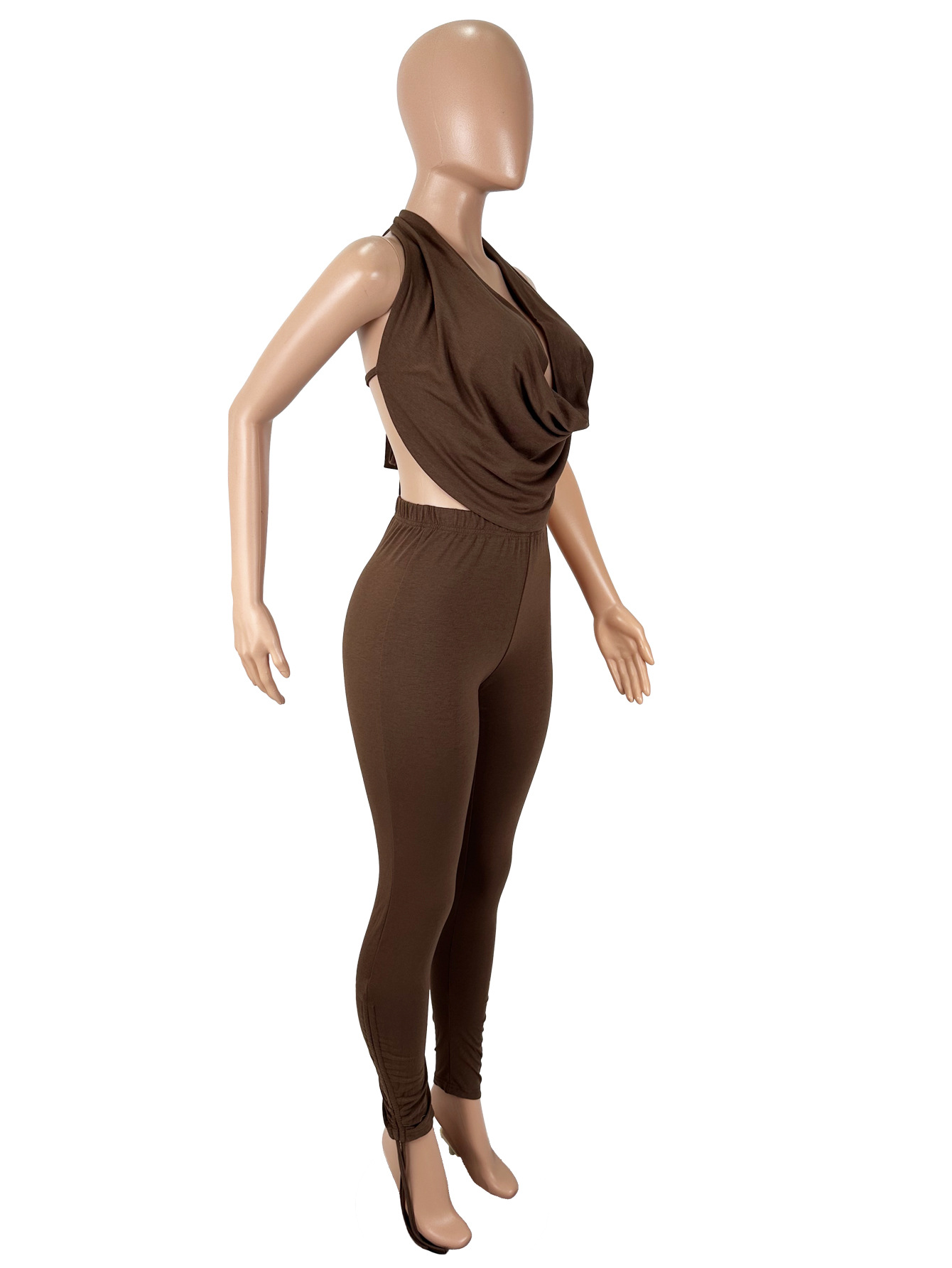 Women's Sexy Halter Neck Draped Neck Large Low Back Lace-Up Top with Drawstring Ankle Pants Two-Piece Set