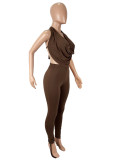 Women's Sexy Halter Neck Draped Neck Large Low Back Lace-Up Top with Drawstring Ankle Pants Two-Piece Set
